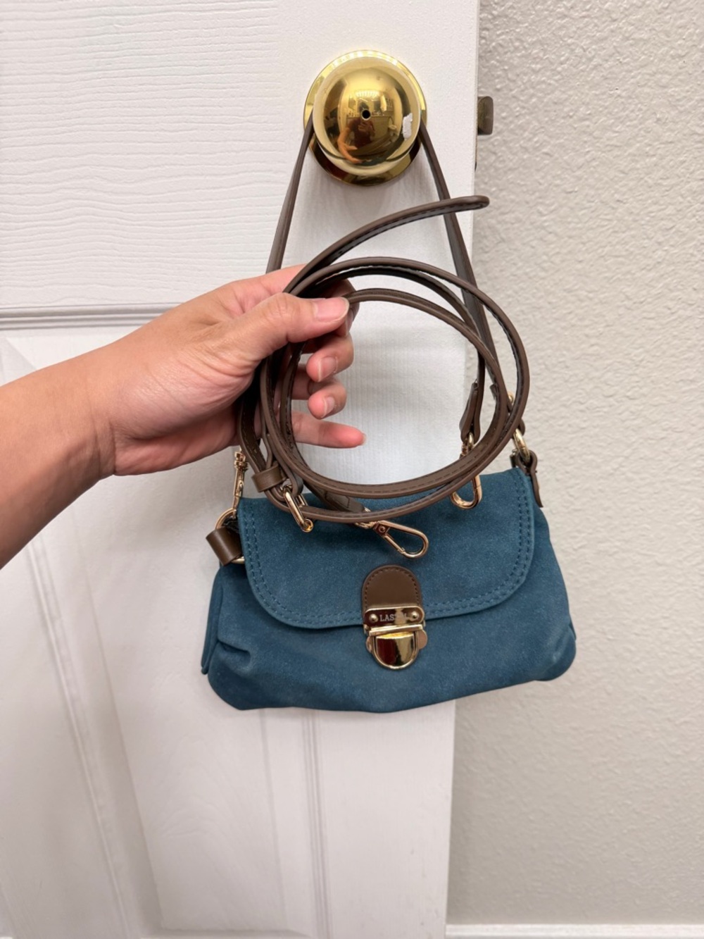 Small crossbody and shoulder bag denim with brown strap